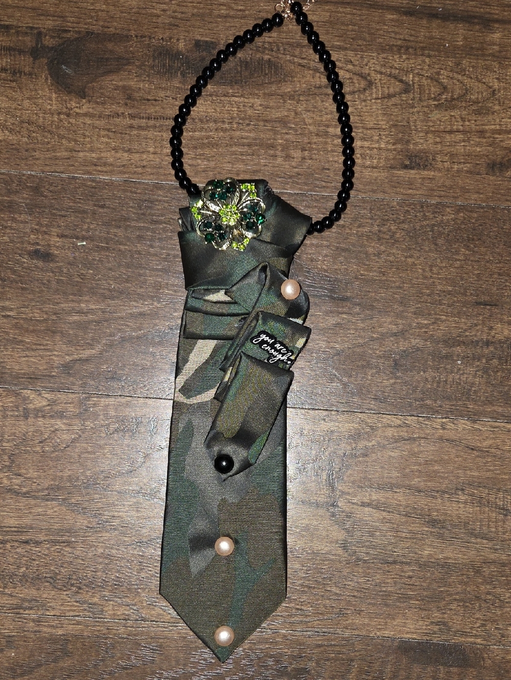 "Camouflage" Tie Necklace with Floral Brooch and Bead Chain